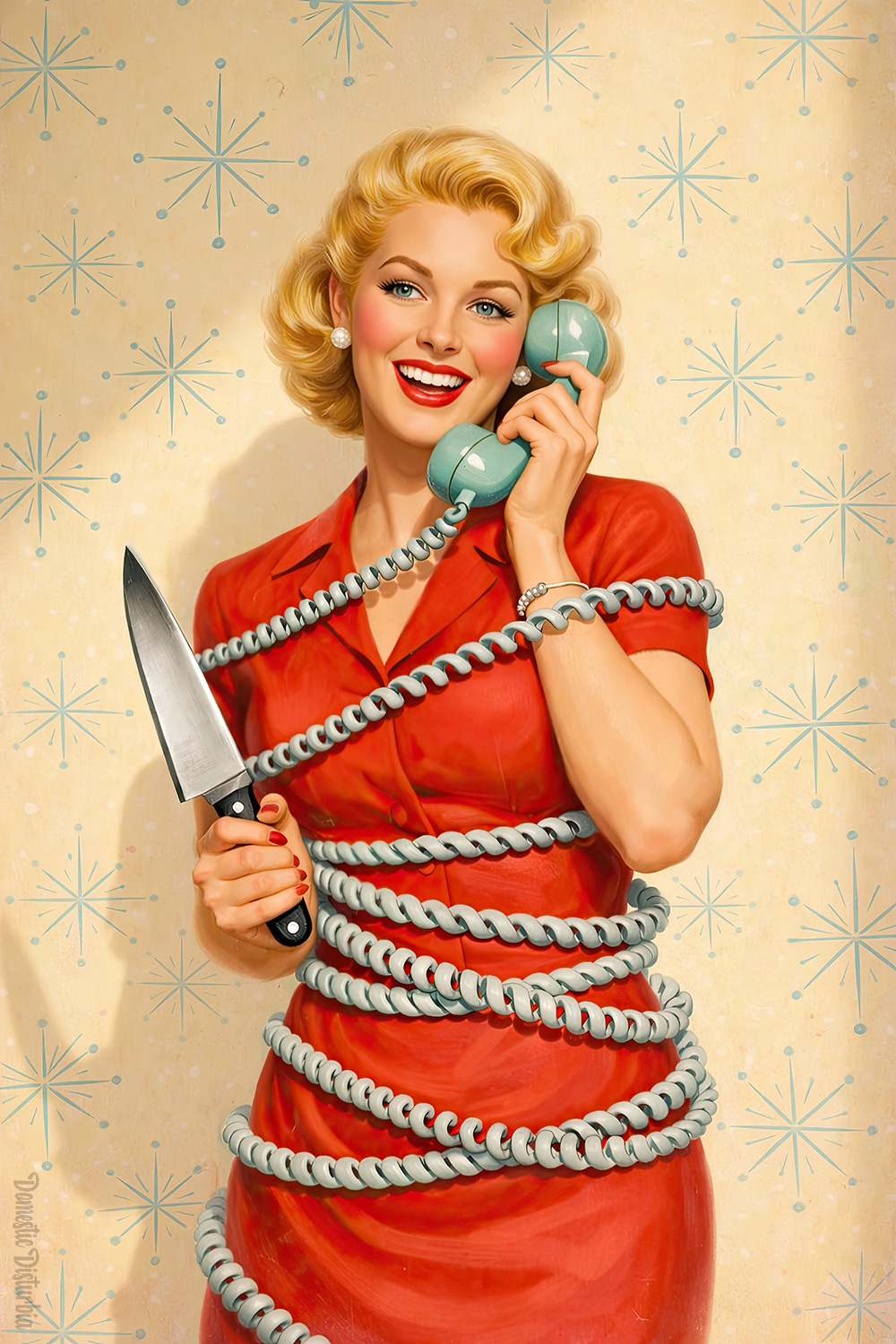 Woman on the phone, wrapped in the cord, holding a knife