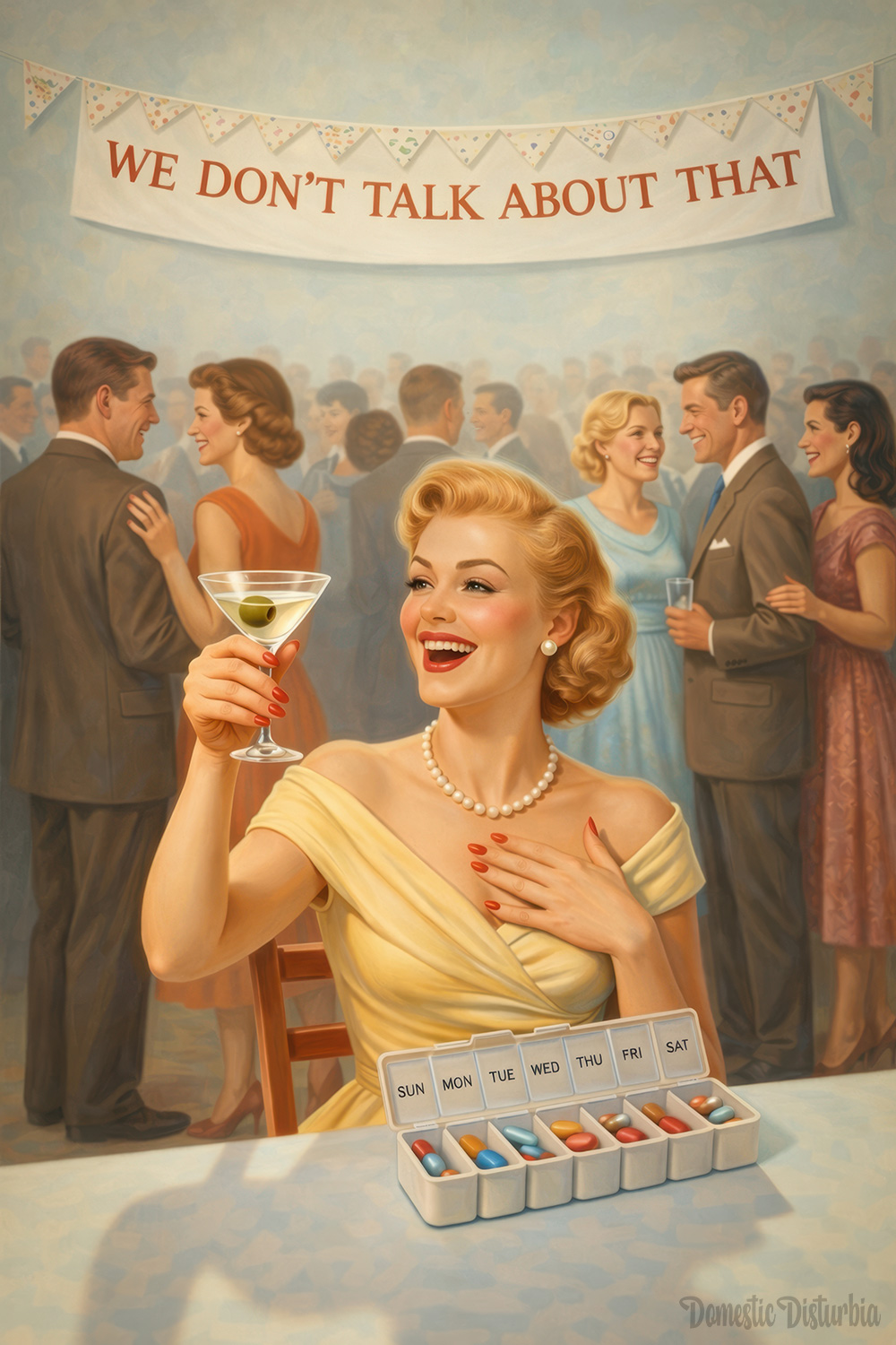Woman at a party with a pill organizer displayed on the banner