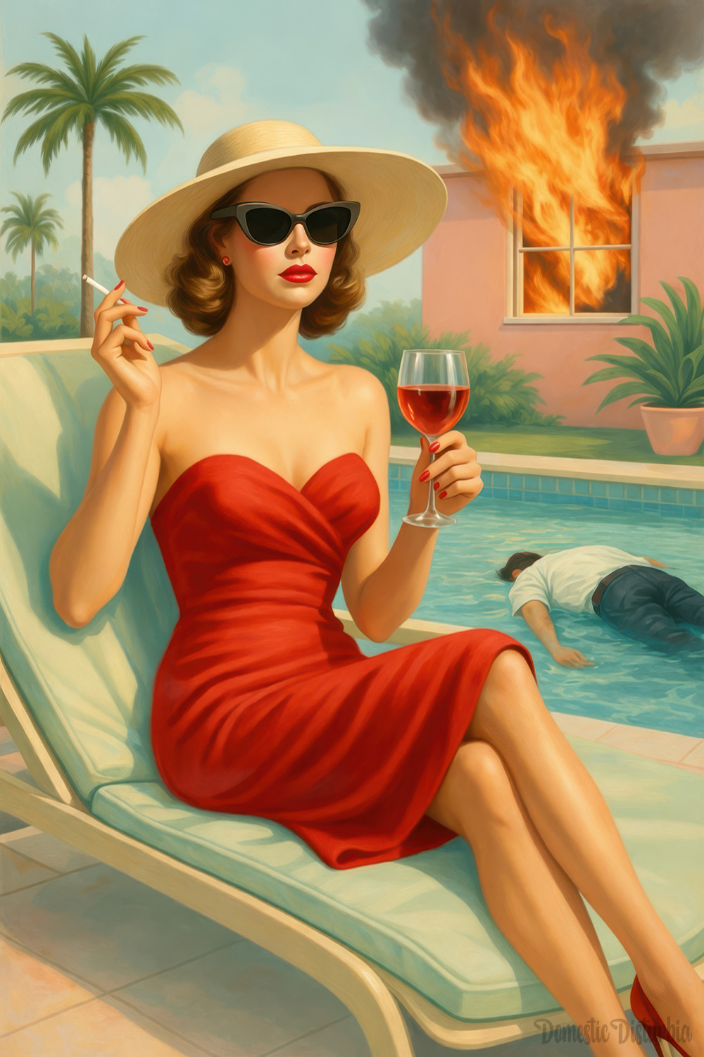 Woman relaxing on a pool float while the house burns behind her